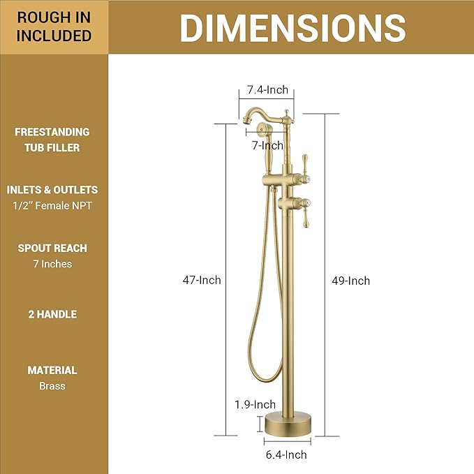 Freestanding Tub Faucet Sets, JetsBath Floor Mount BathTub Filler with 360° Swivel Spout & Handheld Sprayer, Brushed Gold Floor Mount Bathtub Faucet Single Handle with Supply Hose