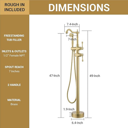 Freestanding Tub Faucet Sets, JetsBath Floor Mount BathTub Filler with 360° Swivel Spout & Handheld Sprayer, Brushed Gold Floor Mount Bathtub Faucet Single Handle with Supply Hose