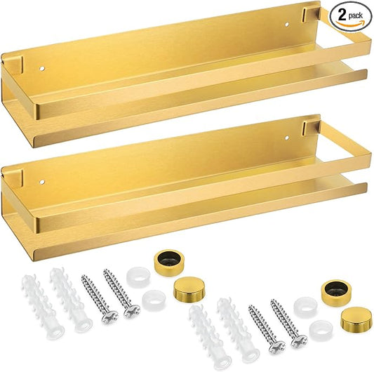 Lallisa 2 Pieces Stainless Steel Shelf Bathroom Shower Floating Shelves Wall Mounted Shower Caddy Basket Shelf Storage Organizer Shelves for Bathroom, Kitchen, Living Room (15.75 Inch/ 40 cm,Gold)