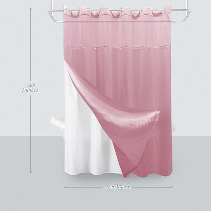 Inhousolu No Hook Shower Curtain with Snap in Fabric Liner Set Waffle Weave 230GSM Weighted Hem, Waterproof & Washable Bathroom Curtain Spa Luxury with Mesh Top Window 72" W x 72" L Pink
