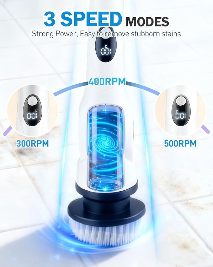 Electric Spin Scrubber, 3-Speed Cordless Shower Scrubber with 90° Adjustable & 10 Replaceable Brush Heads, 90 Mins Runtime & Full-Body IPX7 Waterproof Shower Cleaner Brush with Long Handle