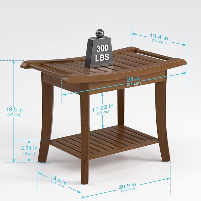 Bamboo Shower Stool Bench Waterproof with Storage Shelf for Shaving Legs or Spa Bath Seat in Bathroom & Inside Shower for Adults Seniors Elderly (24 x 13.4 x 18.5 inches+Walnut)
