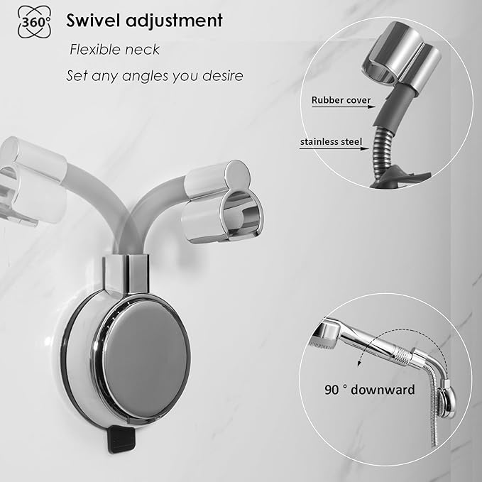 Suction Cup Handheld Shower Head Holder - Reusable - 360 Swivel Adjustable - Wall Mount Shower Wand Holder
