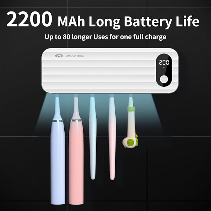 Toothbrush Sanitizer and Holder, UV Toothbrush Sanitizer Holder for Bathroom with 5 Slot, Timer Function, 2000mAh Rechargeable Toothbrush Cleaner Holder Wall Mounted Without Drilling