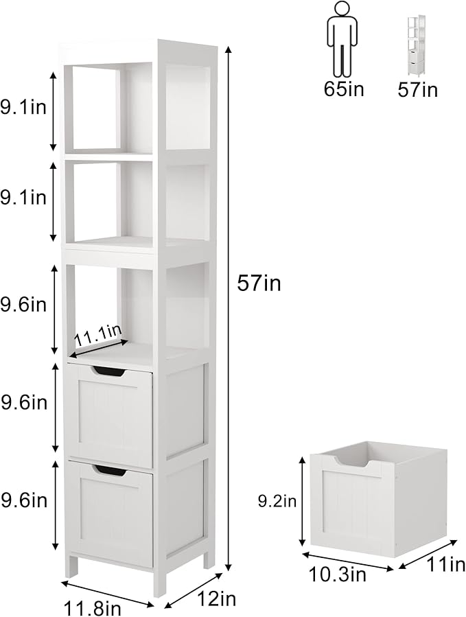 HOMEFORT Bathroom Storage Cabinet, Slim Tall Cabinet, Narrow Floor Cabinet Organizer, Wooden Linen Tower with 2 Drawers and 3 Shelves, Freestanding Cupboard White