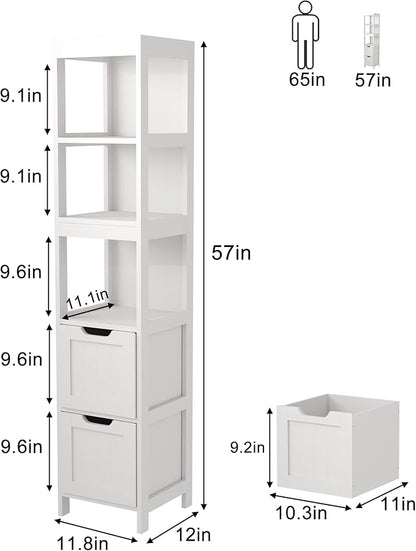 HOMEFORT Bathroom Storage Cabinet, Slim Tall Cabinet, Narrow Floor Cabinet Organizer, Wooden Linen Tower with 2 Drawers and 3 Shelves, Freestanding Cupboard White