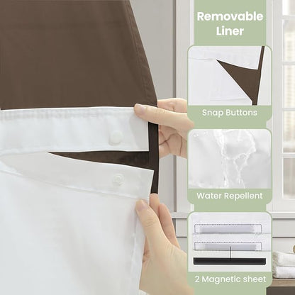 Inhousolu No Hook Shower Curtain with Snap in Fabric Liner Set Waffle Weave 230GSM Weighted Hem, Waterproof & Washable Bathroom Curtain Spa Luxury with Mesh Top Window 72" W x 72" L Brown