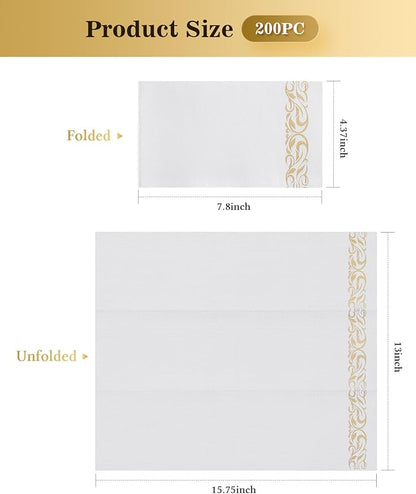 Goodluck 200 Pack 3-Ply Disposable Napkins - Soft & Absorbent Paper Hand Towels for Bathroom Guests, Dinner Party, Kitchen,Christmas， Wedding & Events, Parties - Floral Gold Trim