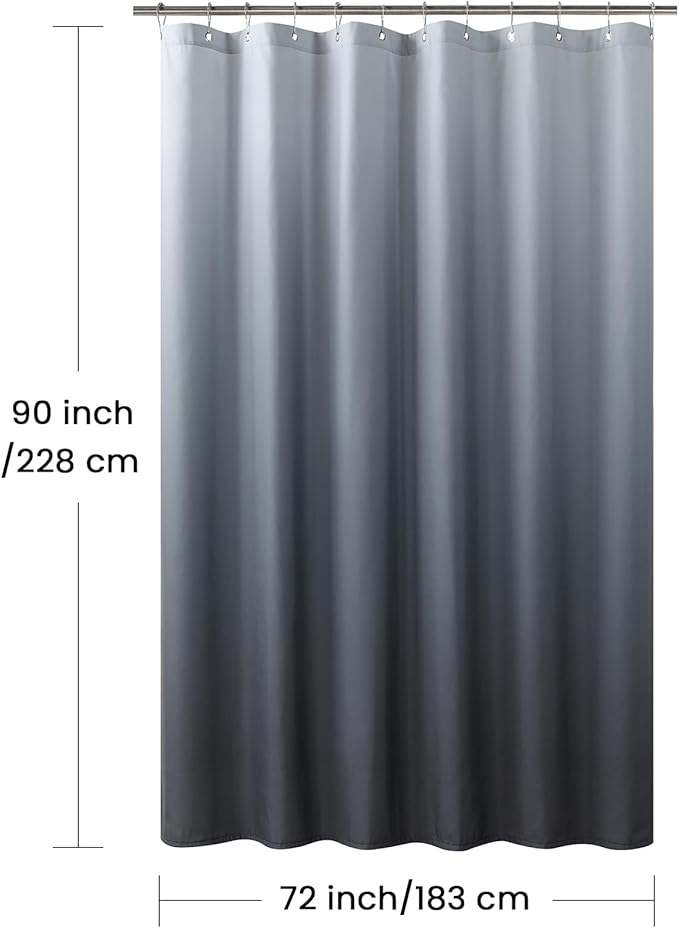 90 Inch Fabric Shower Curtain, Extra Long Grey Ombre Waterproof Shower Curtains for Bathroom, 72" W x 90" H