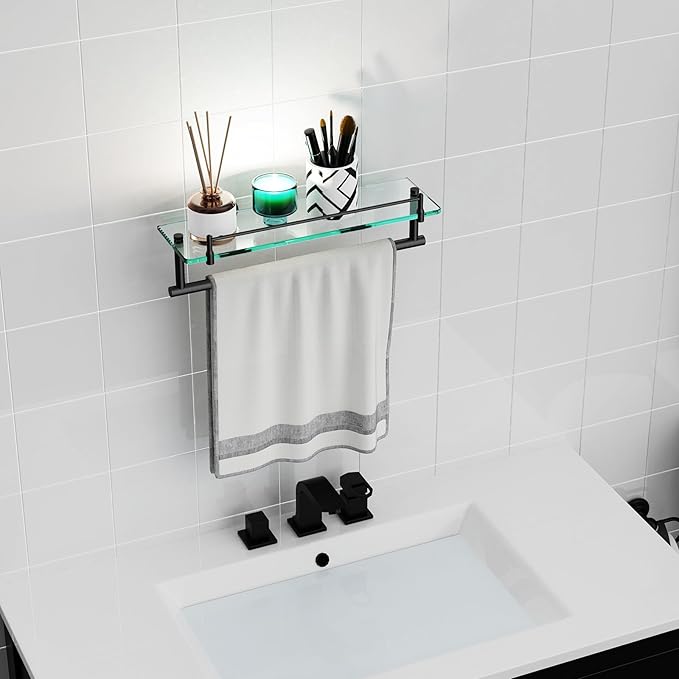 Bathroom Towel Rack with Tempered Glass Shelf 16 Inch, Matte Black Floating Wall Mount Storage