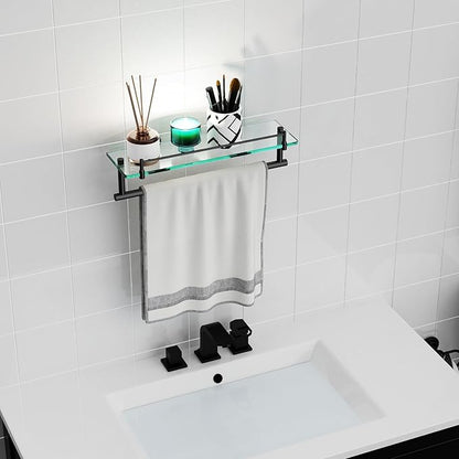 Bathroom Towel Rack with Tempered Glass Shelf 16 Inch, Matte Black Floating Wall Mount Storage