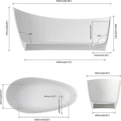 Premium Unique 65" Solid Surface Freestanding Tub, Upgraded Matte White Stone Resin Bathtub with Overflow and Pop-up Drain