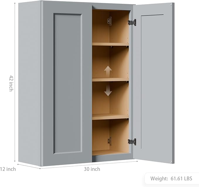 30 Inch Laundry Room Cabinets Wall Mounted, Solid Wood Over The Toilet Storage Cabinet, Bathroom Organizer Cabinets with 2 Door & 3 Shelves, Easy to Assemble for Kitchen, Garage - Dark Gray