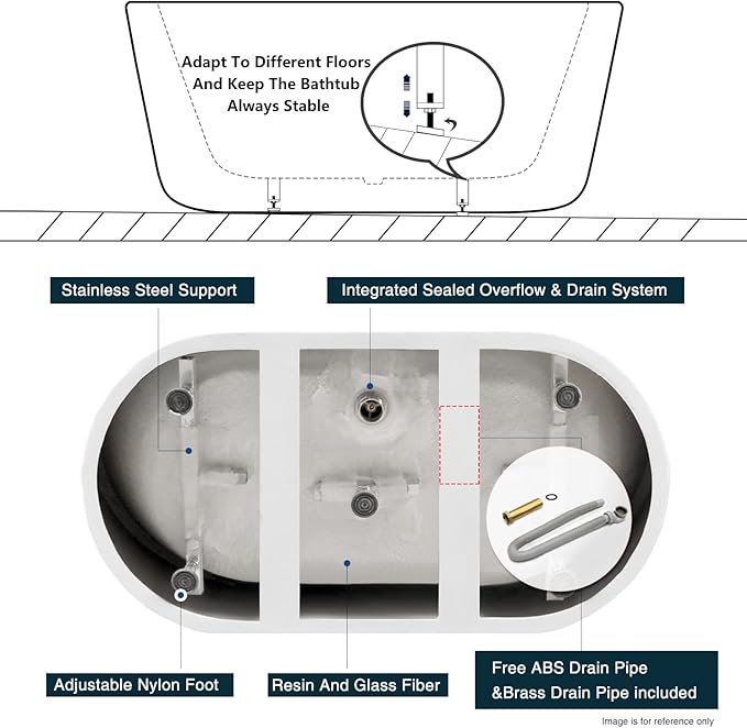 FerdY 47" Bali Acrylic Freestanding Bathtub, Gracefully Shaped Freestanding Soaking Bathtub, cUPC Certified, Toe-Tap Brushed Nickle Drain and Minimalist Linear Design Overflow Included