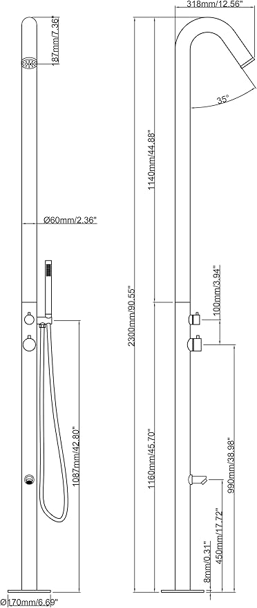 Wayime 91" Separable&Composable Free-Standing Brushed Stainless Steel 304 Spary Outdoor Shower with DOE Certificate