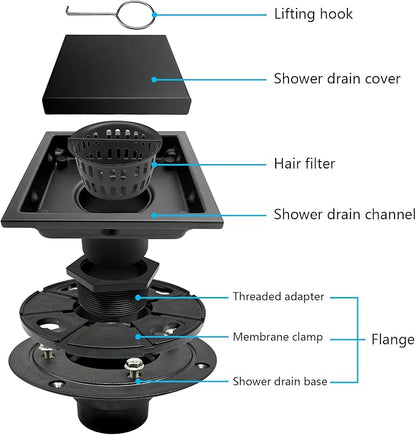 4 Inch Square Shower Drain with Flange, Removeable Grate SUS 304 Stainless Steel Shower Drain with Hair Catcher (Matte Black-1, 4 Inch)