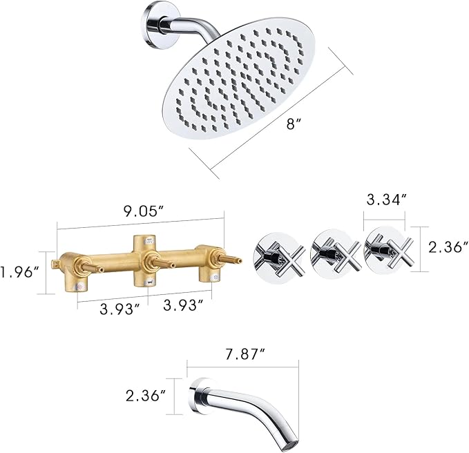 PROOX 3 Handle Tub Shower Faucet Set, 8" Rainfall Shower Head with Tub and Shower Trim Kit with Rough-in Valve, Polished Chrome Bathtub Shower Faucets, Wall Mounted Bathroom Rain Shower System
