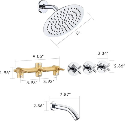 PROOX 3 Handle Tub Shower Faucet Set, 8" Rainfall Shower Head with Tub and Shower Trim Kit with Rough-in Valve, Polished Chrome Bathtub Shower Faucets, Wall Mounted Bathroom Rain Shower System