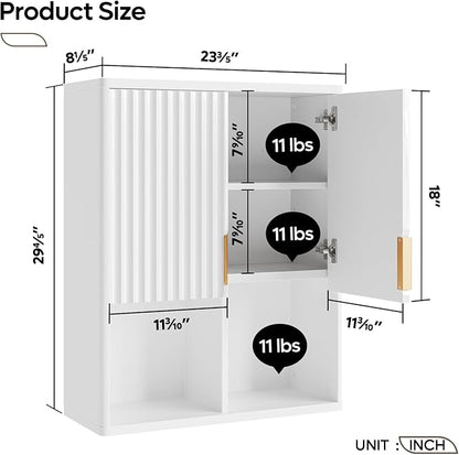 Bestier Fluted Bathroom Wall Cabinet Over The Toilet Storage, 23"x 29" Medicine Cabinet with Adjustable Shelf, Laundry Cabinet Wall Mounted and Kitchen Storage Cabinet(Glossy White)