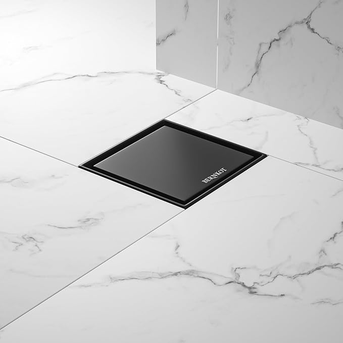 Square Shower Drain 6", Matte Black Floor Drain with Tiled Insert Grate & Hair Strainer, 304 Stainless Steel Bathroom 2-in-1 Tiled in Drain, CUPC Certified (Matte Black, 6'')
