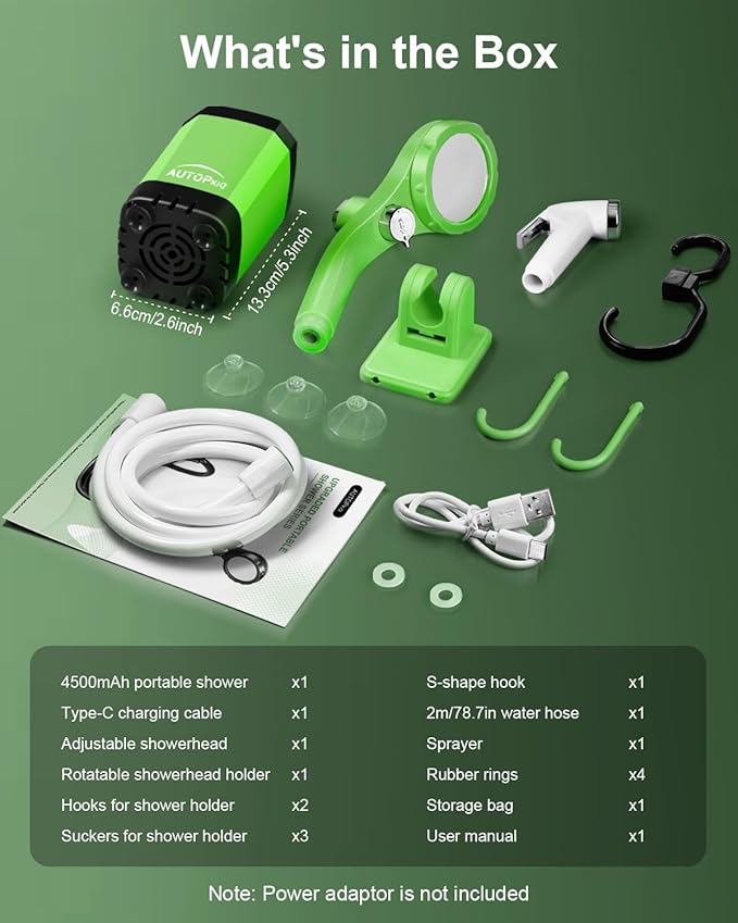 AUTOPkio Portable Camping Shower - Outdoor Camp Shower with Showerhead Sprayer & Rechargeable Battery Pump for Camping, Travel, Hiking, Car Washing, Pet Bath