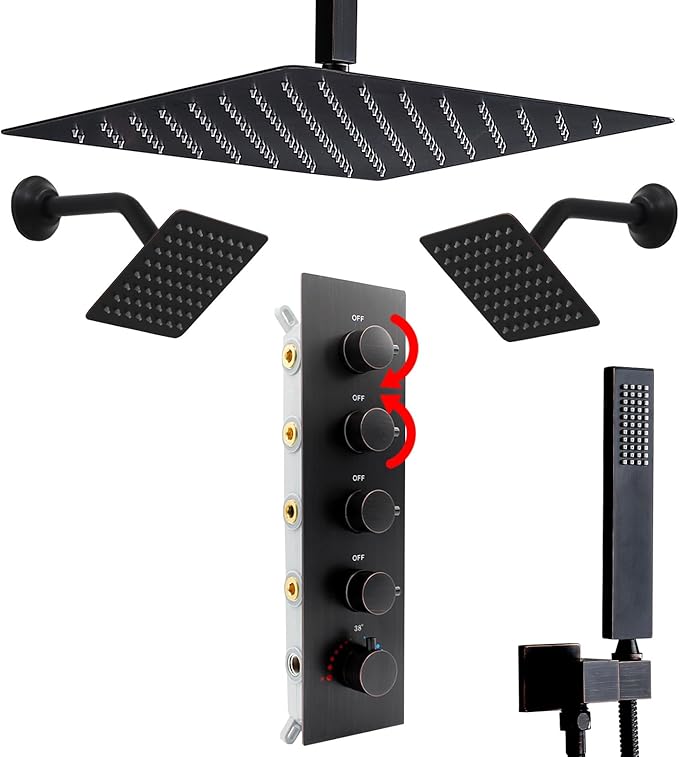 Thermostatic Shower System Three Shower Heads with 16" Ceiling Mounted Rain Shower Head & 2 x 6" Wall Mounted Head 4 Function Shower System Can All Run Together, Oil Rubbed Bronz