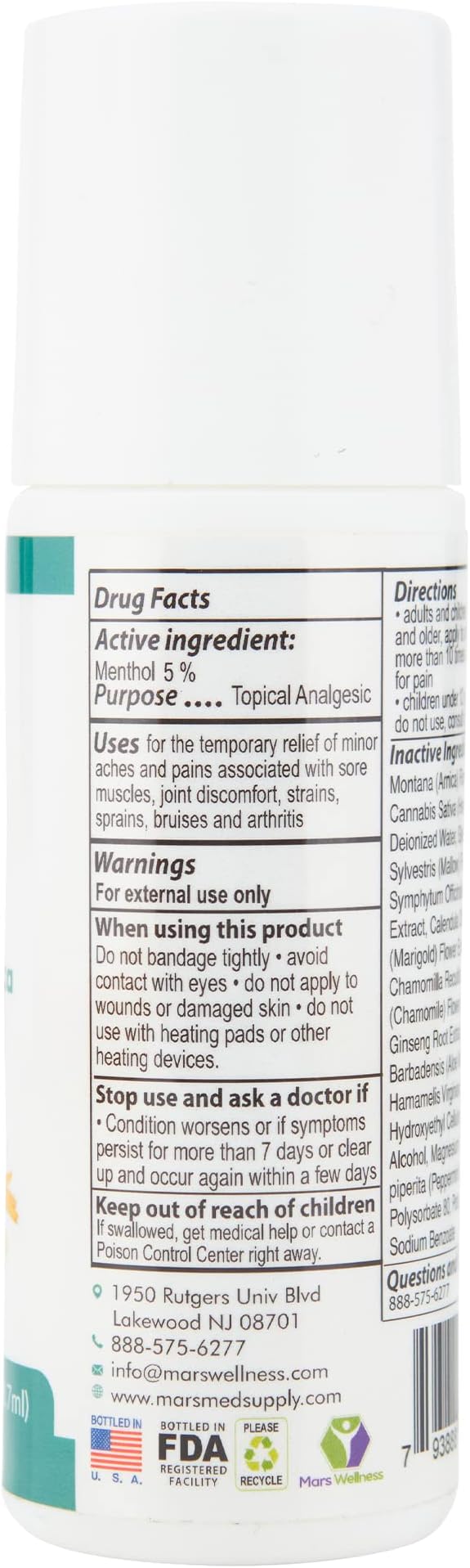 MARS WELLNESS MG+ Cooling Roll on Pain Relief (3 oz) – Fast Acting Arnica Roll on 5% Menthol Magnesium & Arnica – Penetrating Menthol RollOn Topical Pain Relief, Aches, Sore Muscle Pain