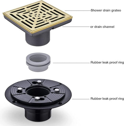 RANDOM Brushed Gold Shower Drain 4 inch Square Shower Drain with Adjustable PVC Base Flange,SUS304 Stainless Steel Shower Floor Drain with Removable Cover Grid Grate