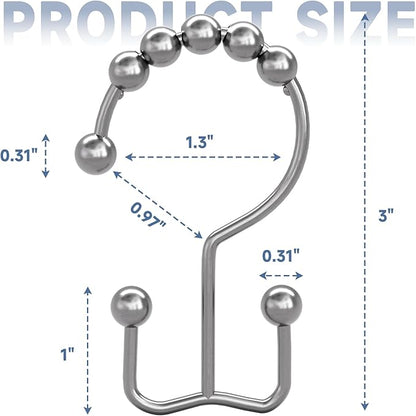 Titanker Shower Curtain Hooks Rings, Rust-Resistant Metal Double Glide Shower Hooks for Bathroom Shower Rods Curtains, Set of 12 Hooks - Chrome