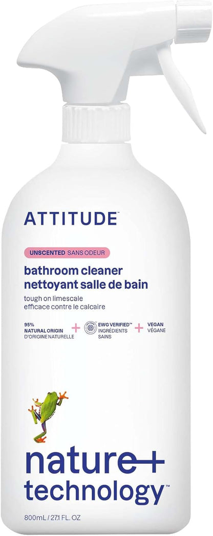 ATTITUDE Bathroom Cleaner Spray, EWG Verified, Plant-Based & Vegan, Safe for Bathroom Surfaces, Tiles, Tubs, Shower Walls, and Grout, Unscented, 27.1 Fl Oz