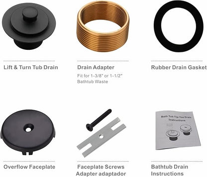 Black Bathtub Drain Conversion Kit Assembly with Single Hole Overflow Faceplate, Wellup All Metal Lift and Turn Tub Drain Twist Trim Kit with Universal Fine/Coarse Thread(Matte Black)