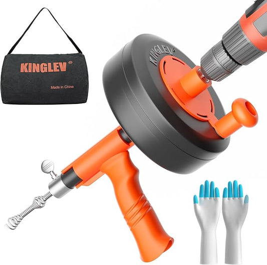 Drain Snake, 25ft Flexible Steel Drain Auger With Drill Adapter, Plumbing Unblocking Hand Auger, Manual Or Powered for Shower & Bathtub Clogs-No auto retract or feed (Orange)