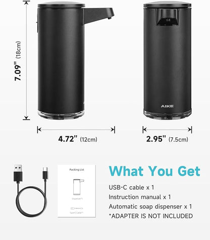 AIKE SensePro Automatic Soap Dispenser Type-C Rechargable, Stainless Matte Black Coating 12.8 fl.oz. for Liquid Soap