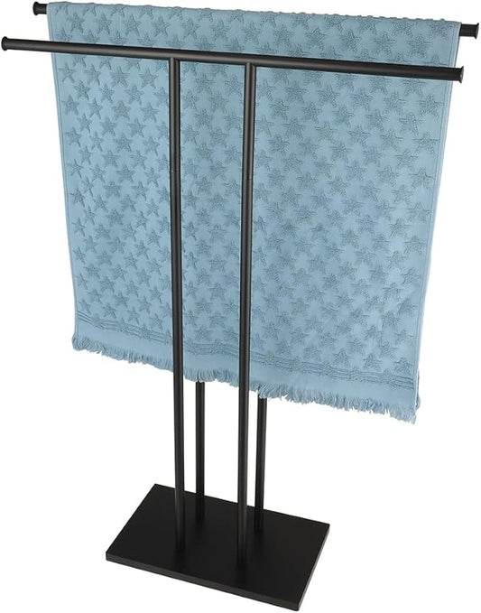 JQK Bath Towel Holder Stand Black, 30 Inch Free Standing Double Towel Rack Shelf for Bathroom Floor, Matte Black, BTH100L30-PB