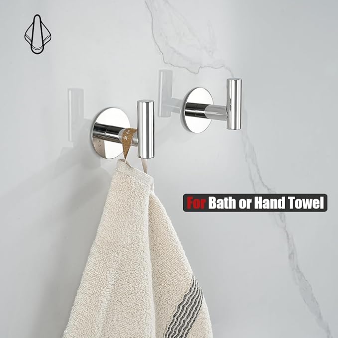 JQK Self Adhesive Towel Hook Chrome, No Drill Stick on Coat Robe Clothes Wall Hook for Bathroom Kitchen Garage 2 Pack, 304 Stainless Steel Polished Steel, ATH110-CH-P2