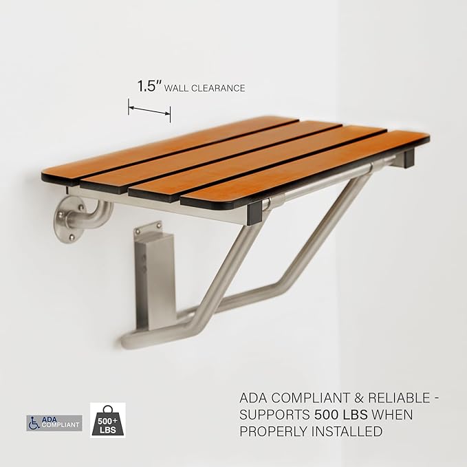 Seachrome 18-inch x 15-inch in ADA Folding Wall Mount Bathroom Shower Seat Bench, Teak Phenolic Seat