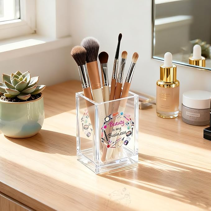 Beauty is My Business Acrylic Cosmetic Holder, Funny Makeup Brush Holder Gifts for Cosmetologist Makeup Lover Women Girls, Christmas Birthday Gifts for Daughter Niece Sister BFF