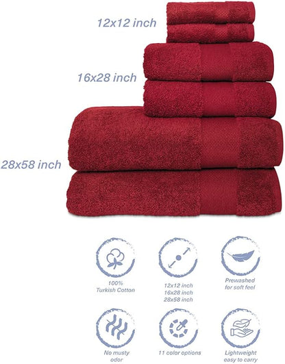 Hencely 6-Piece Bath Towel Set - High Absorbency, Quick Drying - 100% Soft Turkish Cotton - 2 Bath Towels, 2 Hand Towels, 2 Washcloths - for Bathroom, Home, Hotel, Spa, and Gym - 6-Pack Red