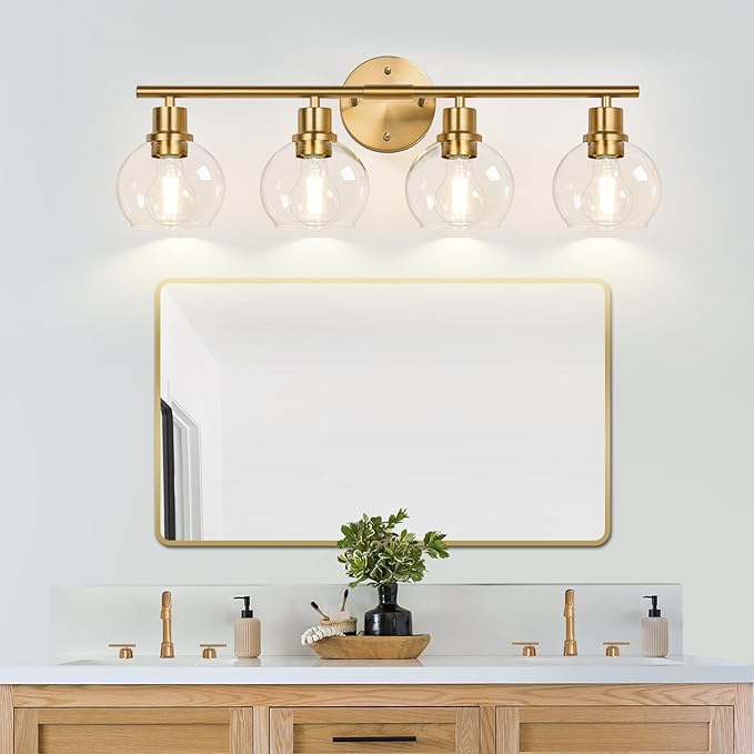 4-Light Bathroom Light Fixtures 2024 Upgrade, Gold Modern Vanity Lights Over Mirror with Clear Glass Globe Shade, Bathroom Wall Sconces for Mirror Kitchen Living Room Hallway Cabinet Bedroom Porch