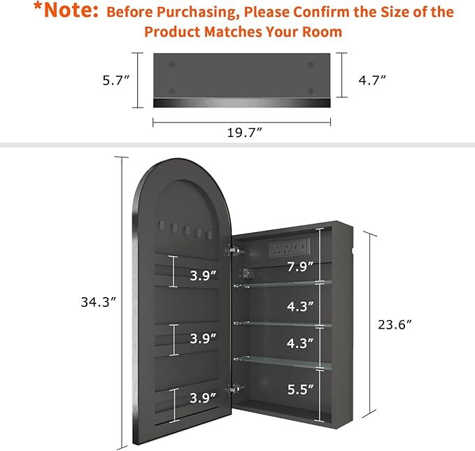 FKWin Medicine Cabinet Mirror with Power Outlet, Black Bathroom Mirror Medicine Cabinet for Left or Right Opening, not Recessed, Ample Vanity Mirror with Storage for Homeowner, Black, 20x34 inch