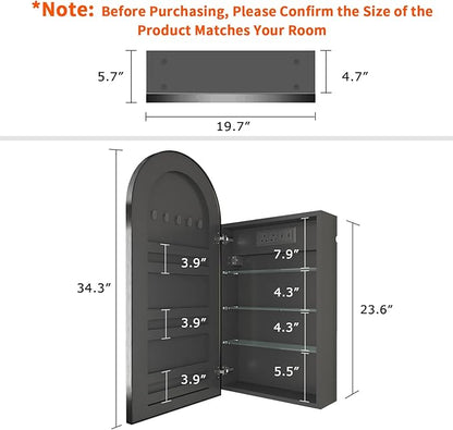 FKWin Medicine Cabinet Mirror with Power Outlet, Black Bathroom Mirror Medicine Cabinet for Left or Right Opening, not Recessed, Ample Vanity Mirror with Storage for Homeowner, Black, 20x34 inch