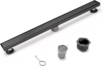 HEATGENE Linear Shower Drain 24-Inch, Stainless Steel Rectangle Shower Floor Drain with 2-in-1 Flat & Tile Insert Cover, Shower Drain with Leveling Feet & Hair Strainer, Matte Black