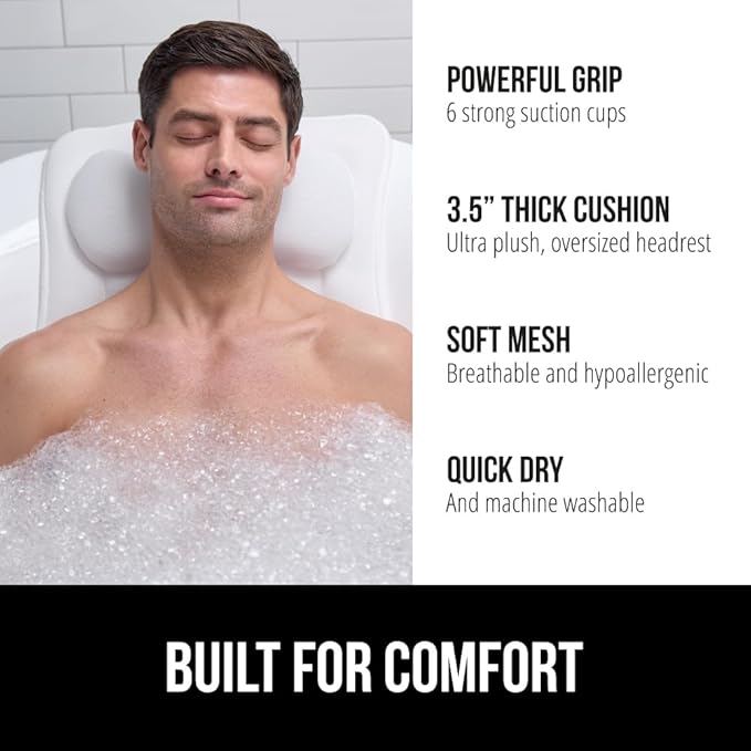 GORILLA GRIP Bath Pillow for Tub with Powerful Suction Cups, Headrest Pillows for Neck and Back Support, Machine Wash, Bathtub and Hot Tub Accessories, Relaxing Spa Gift Essentials for Women, White
