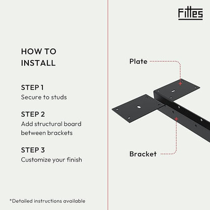 Fittes Heavy Duty Steel Floating T Shelf Bracket Mount 12 Inch 2 Pack, Holds up to 350lb, for Shower Bench, Book Shelf, and Countertop, Modular Design