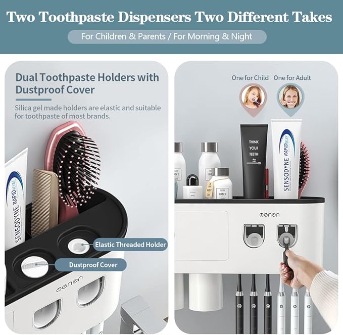 Toothbrush Holders Wall Mounted, Toothbrush Holder with Automatic Toothpaste Dispensers, 6 Brush Slots, 2 Magnetic Cups,1 Cosmetic Drawer Organizer and 1 Large Storage Tray