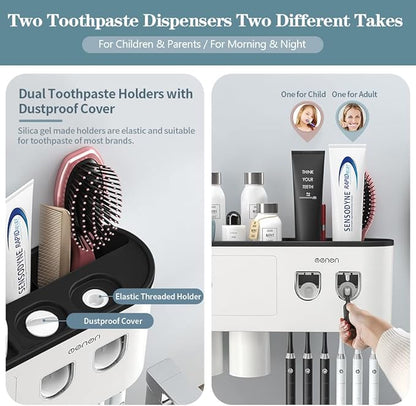 Toothbrush Holders Wall Mounted, Toothbrush Holder with Automatic Toothpaste Dispensers, 6 Brush Slots, 3 Magnetic Cups,1 Cosmetic Drawer Organizer and 1 Large Storage Tray