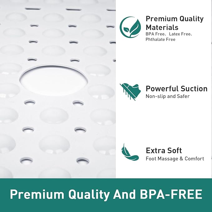 Large White Square Shower Mat Non Slip 27 x 27 Inch, Soft Bath Mat Bathtub Mat for Inside Shower Floor, Bathroom Shower Stall Mats with Big Suction Cups Drain Holes, Easy Washable, BPA-Free
