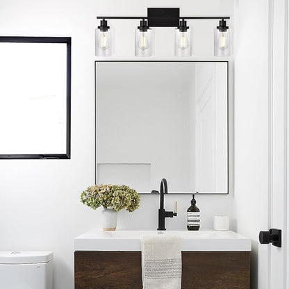 Black 4-Light Bathroom Light Fixtures with Seeded Glass Shade, 31-Inches Length Farmhouse Vanity Lights Over Mirror for Cabinet Kitchen Bedroom