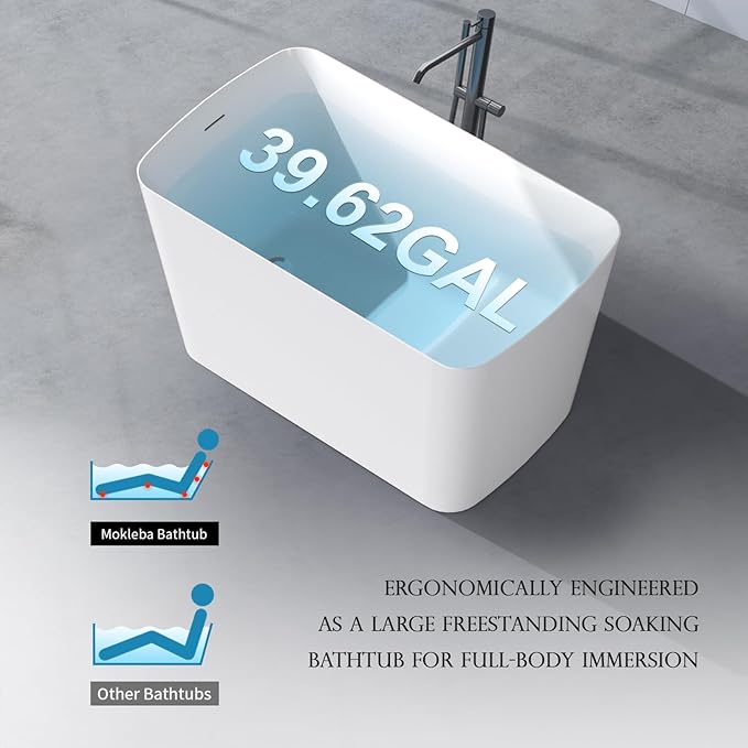 47" Lucite Acrylic Freestanding Bathtub，Square Shape Janpanese Soaking Tub with Seat Desgin,Toe-tap Chrome Right Drain, Slotted Overflow, cUPC Certified,Glossy White