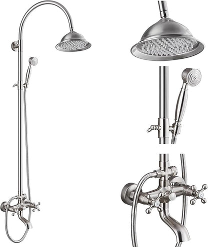 gotonovo Bathroom Classic Exposed Shower Faucet Wall Mount Shower System 8 Inch Luxurious Rainfall Shower Head Set with Tub Spout and Handheld Spray Double Cross Handles Brushed Nickel